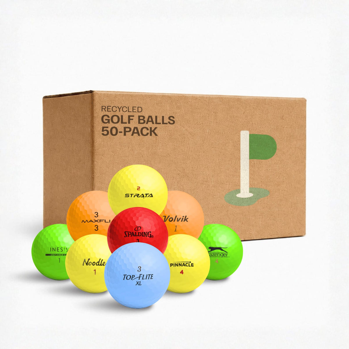 Florida Mix färgade golfbollar 50-pack i kraftkartong – kvalitetskontrollerade återvunna golfbollar från Plikt Golf