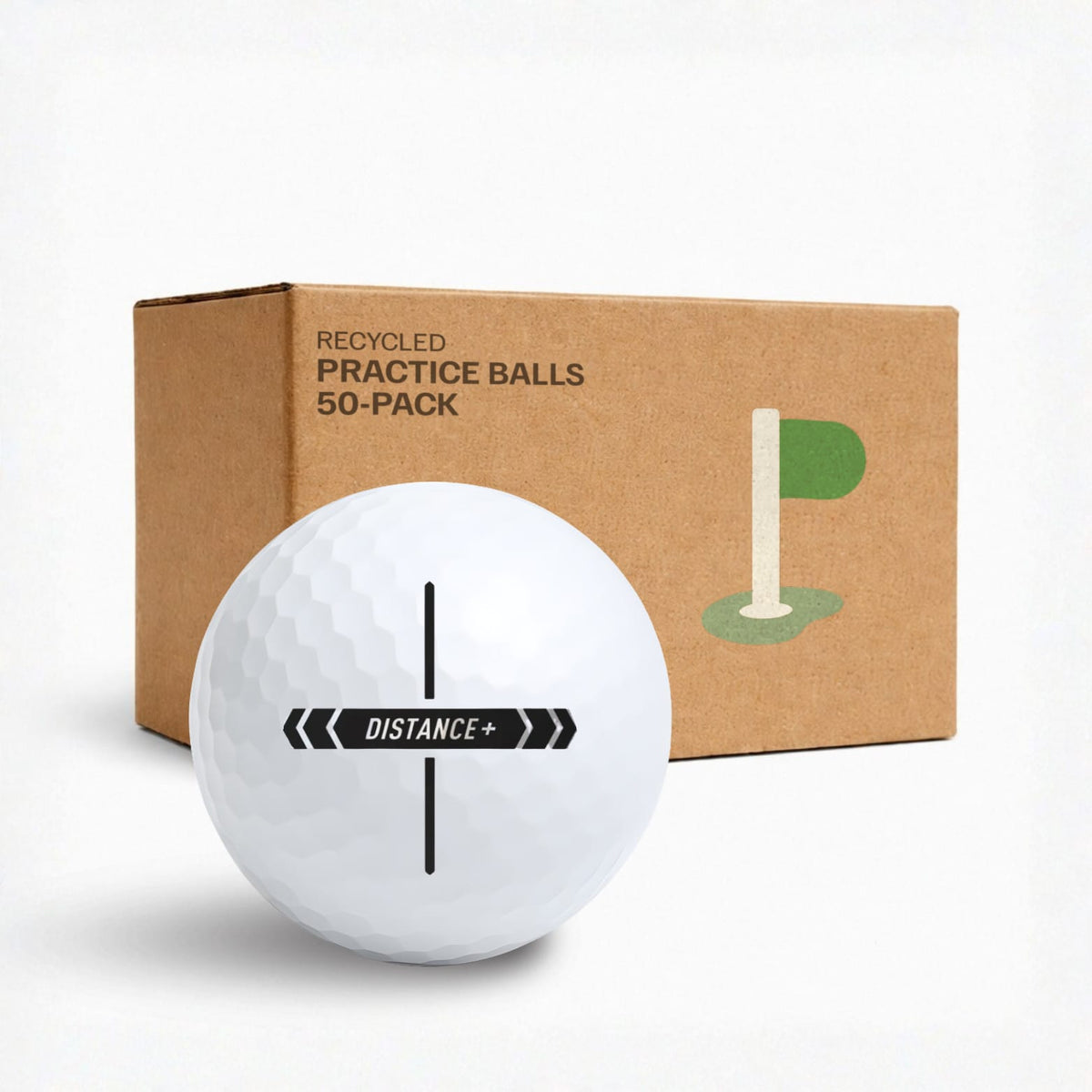 TaylorMade Distance+ övningsbollar 50-pack i kraftkartong – återvunna golfbollar för träning från Plikt Golf