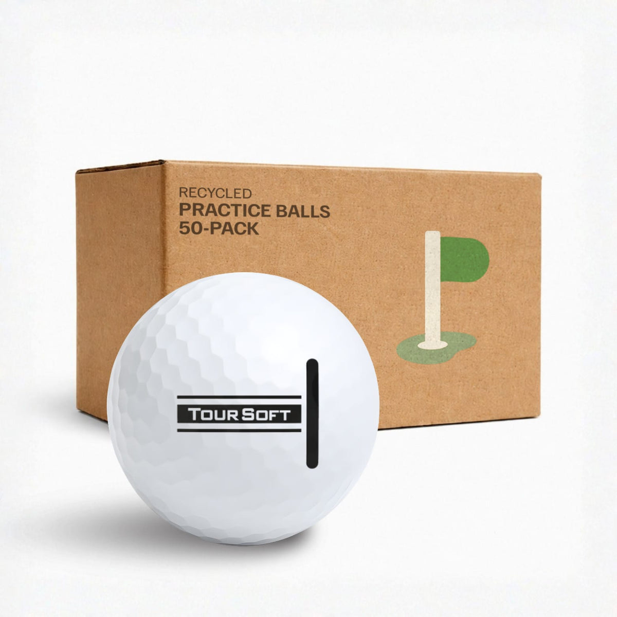 Titleist Tour Soft övningsbollar 50-pack i kraftkartong – återvunna golfbollar för träning från Plikt Golf
