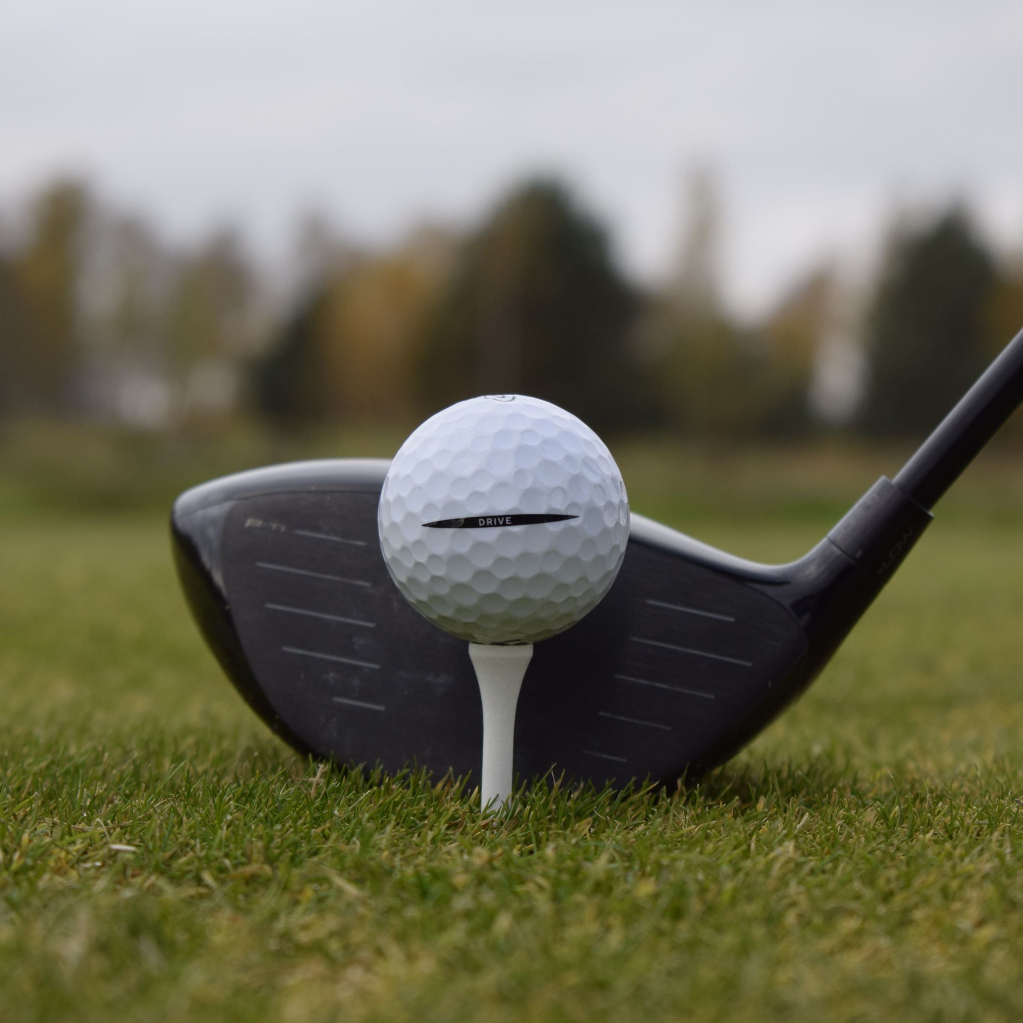 Närbild på en Vice Drive golfboll som ligger upp peggad framför en driver.