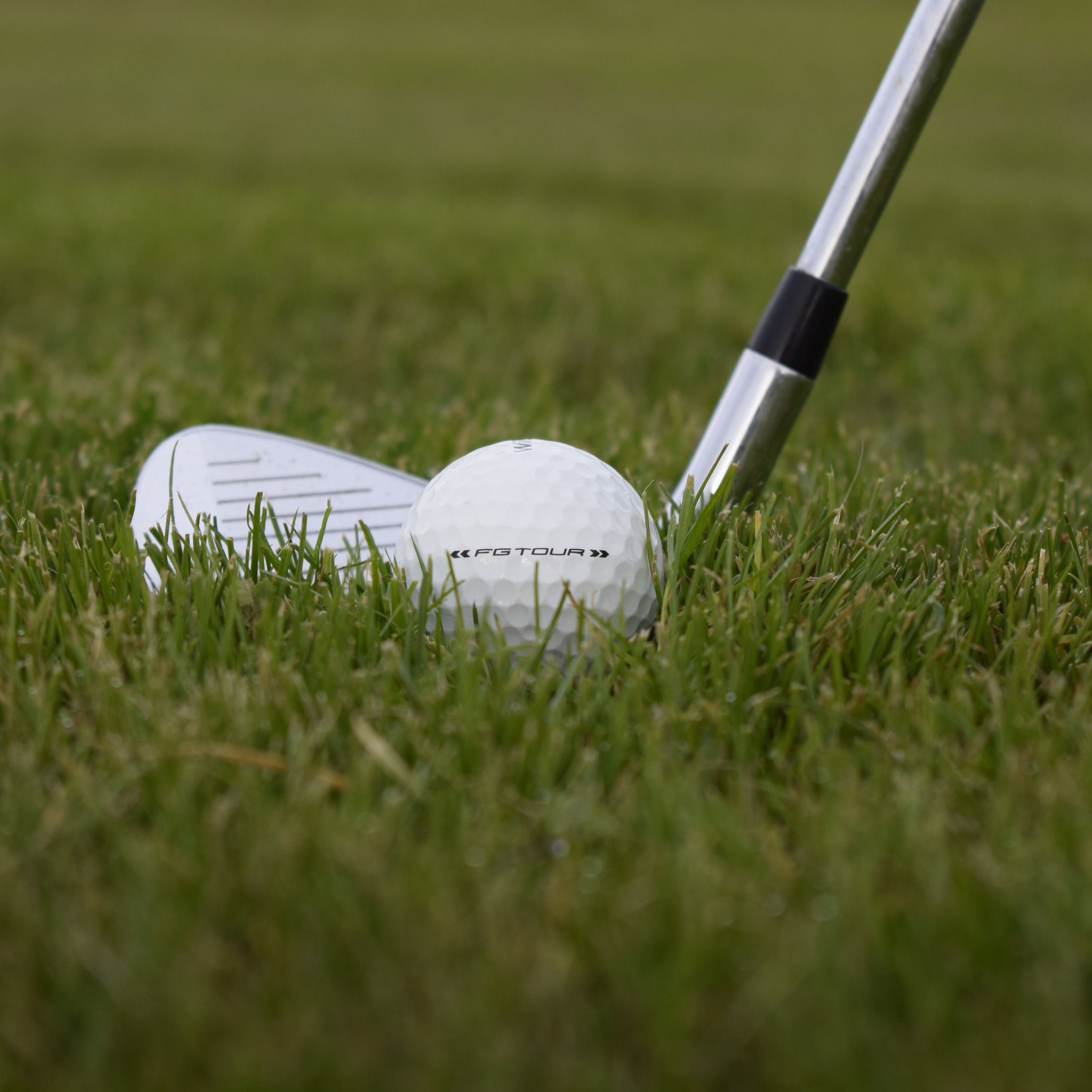 Närbild på Wilson FG Tour golfboll som ligger i gräset framför en golfklubba.
