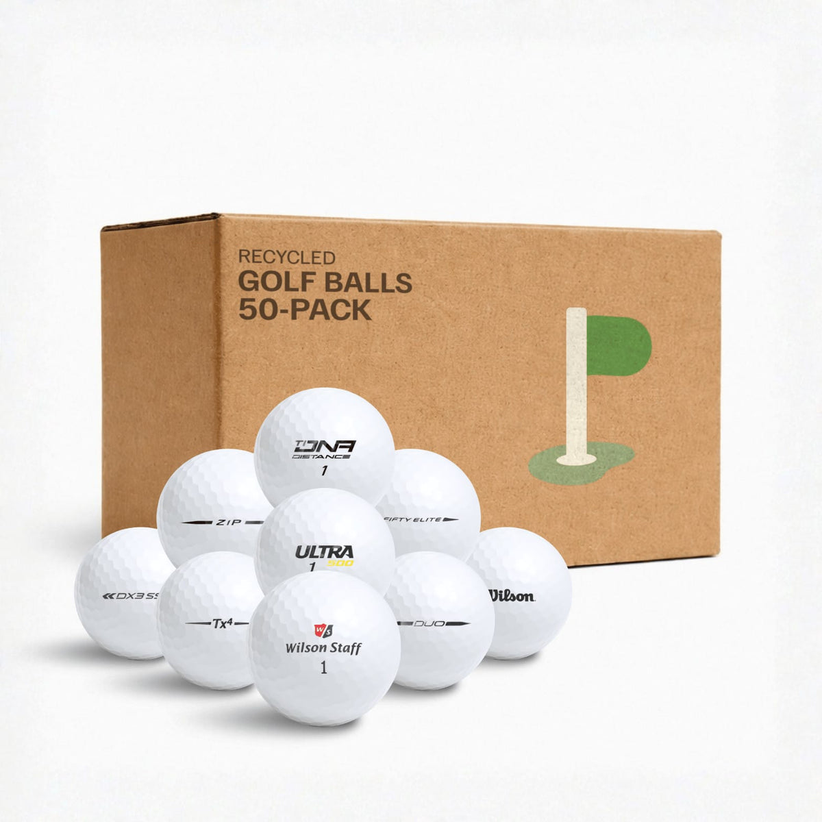 Wilson Mix 50-pack i kraftkartong – kvalitetskontrollerade återvunna golfbollar från Plikt Golf