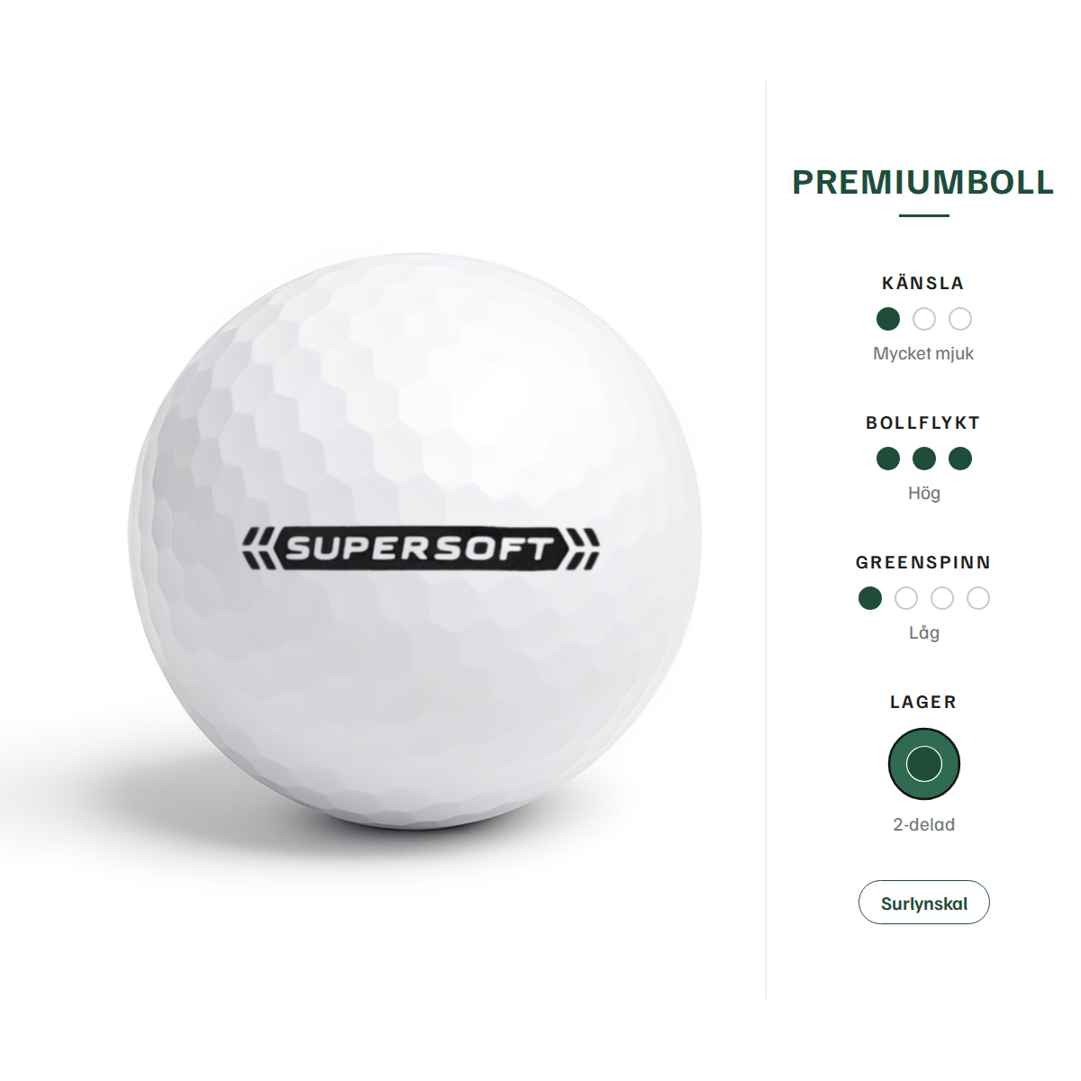 Callaway Supersoft – egenskaper: premiumboll, mycket mjuk känsla, hög bollflykt, låg greenspinn, 2-delad, surlynskal