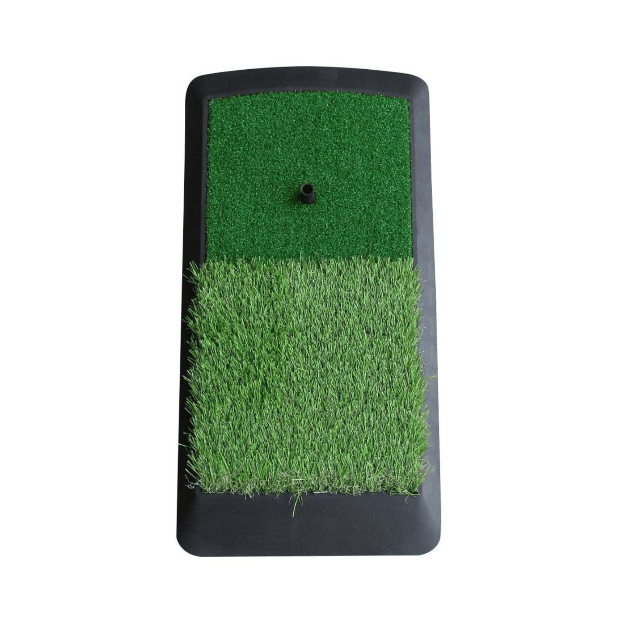 Hitting Mat hos pliktgolf med två olika typer av gräs.