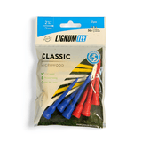 Närbild på Lignum Tees färgade peggar 72 mm och 82 mm – slitstarka och miljövänliga peggar