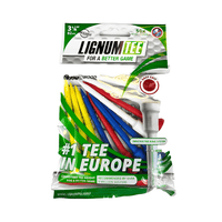 Lignum Tees 12-pack färgade peggar 72 mm och 82 mm – hållbara biobaserade golfpeggar hos Plikt Golf