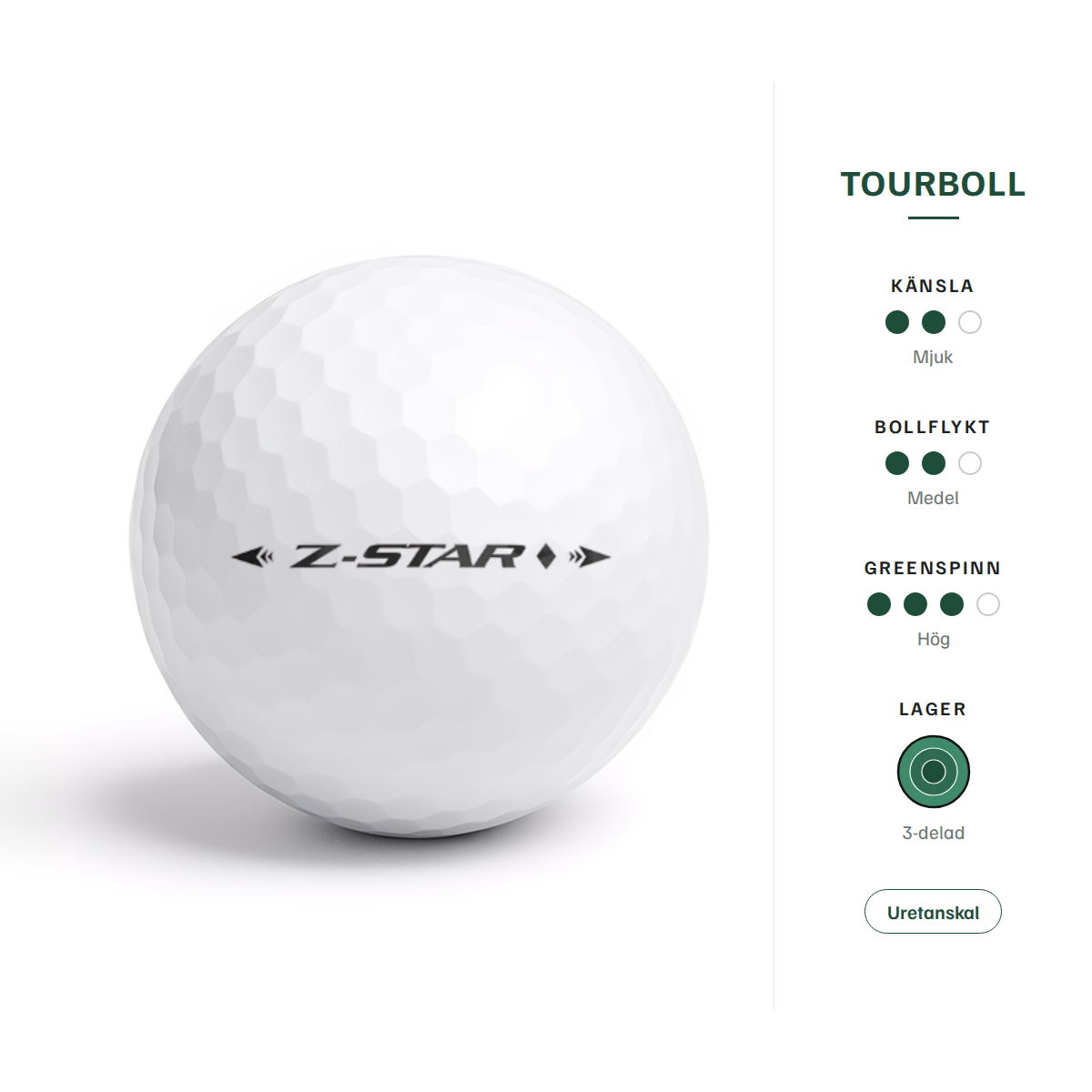 Srixon Z-Star Diamond – egenskaper: tourboll, mjuk känsla, medel bollflykt, hög greenspinn, 3-delad, uretanskal